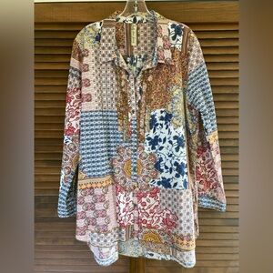 Aratta Silent Journey Tunic Top Womens XL Long Sleeve Button Up Patchwork Boho